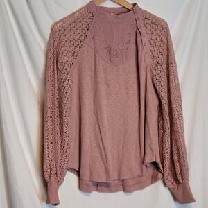 Free People Blush Pink Mauve Lace Balloon Long Sleeves Blouse Womens Size M
